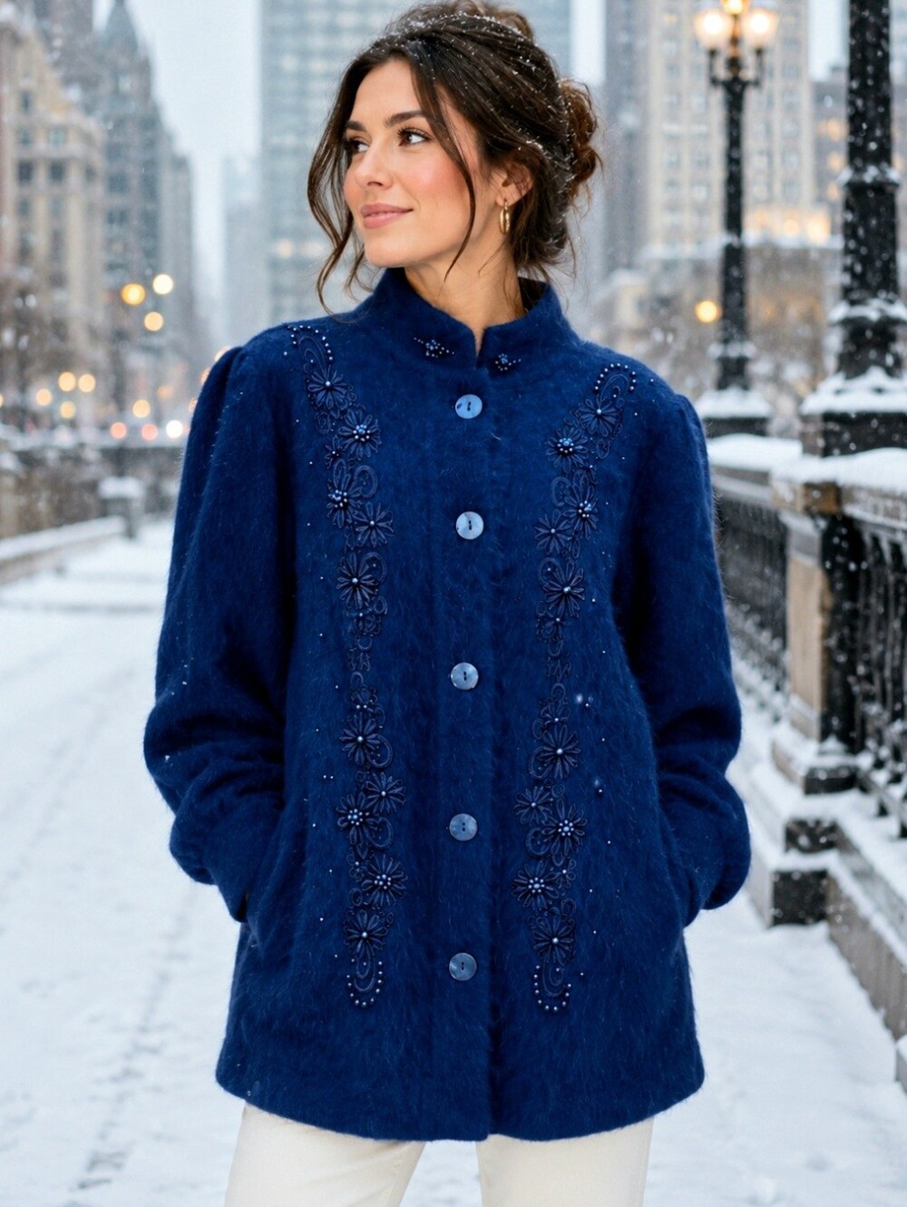 Lee Sands Vintage Royal Blue Angora Blend Beaded Button Front Cardigan Jacket